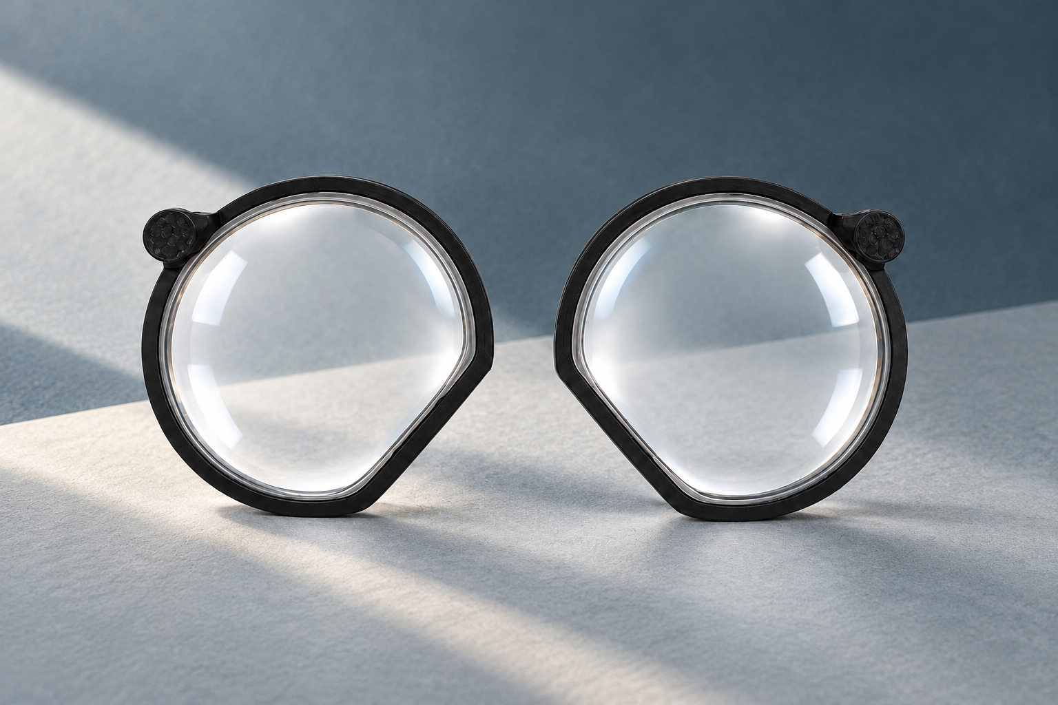 Two clear inserts with rounded black frames and outer mounting tabs against a cool gray paper backdrop.