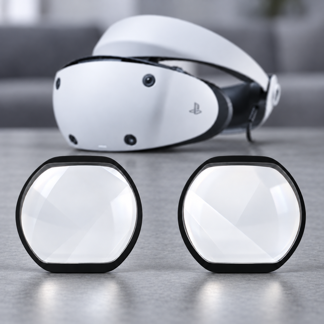 White PSVR2 headset behind two black-framed inserts against a dark living-room backdrop.