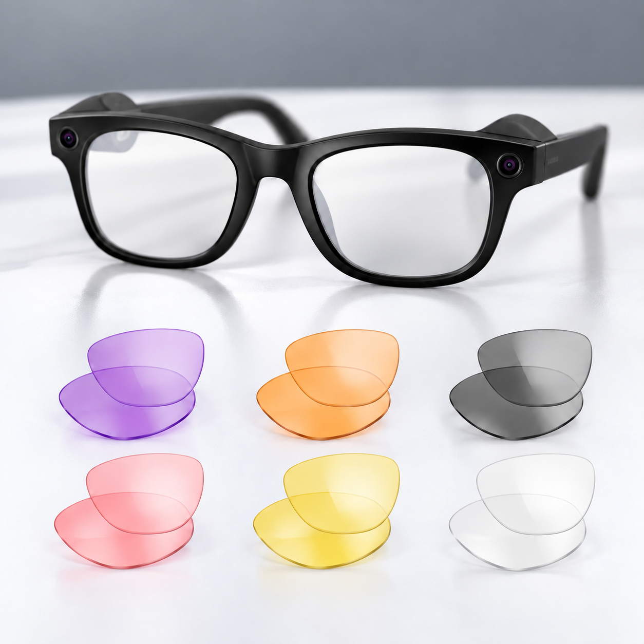 Black Ray-Ban Meta glasses and six separate lens pairs on a slate-gray background.