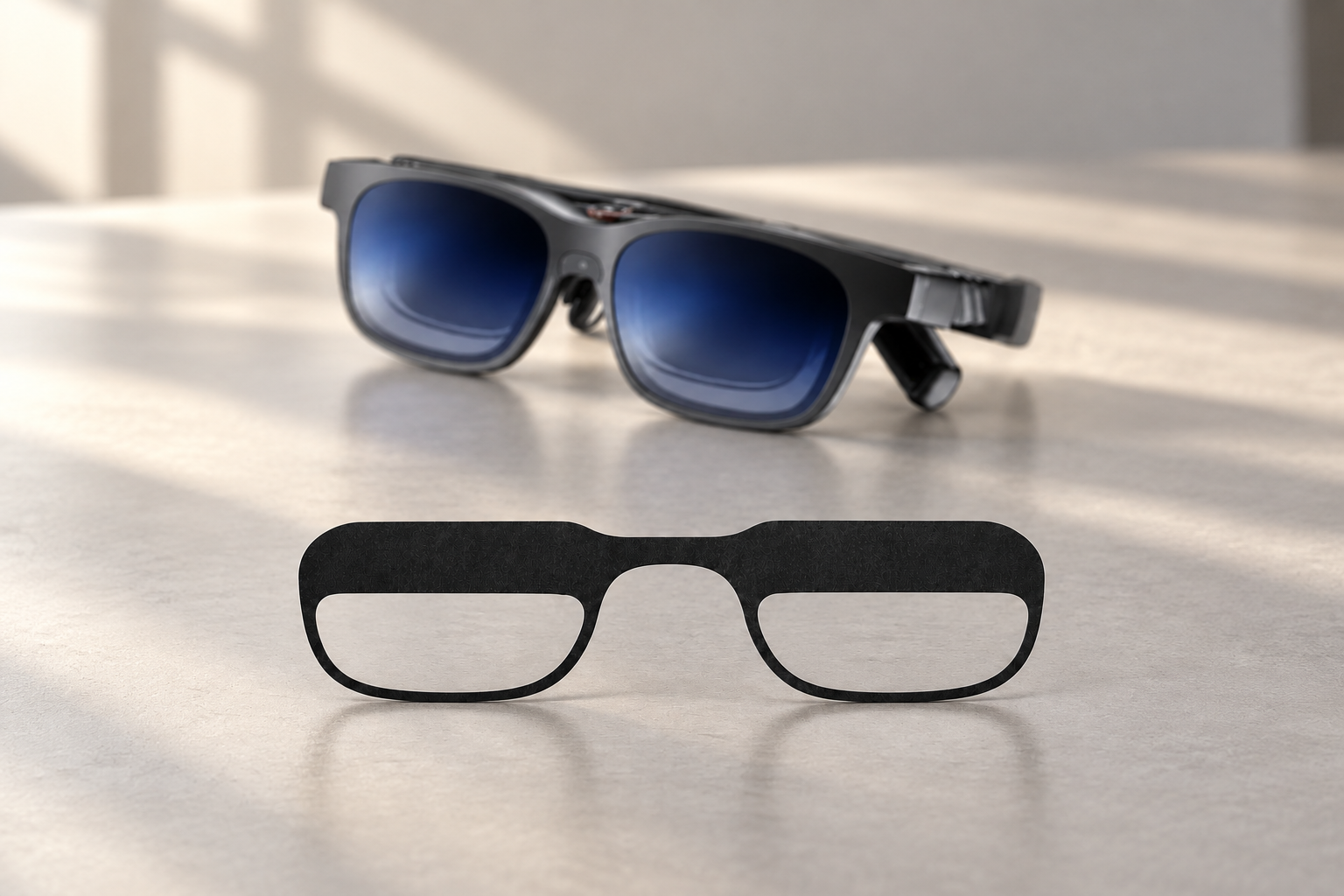VITURE glasses above a separate black insert frame against a warm-gray desk backdrop.