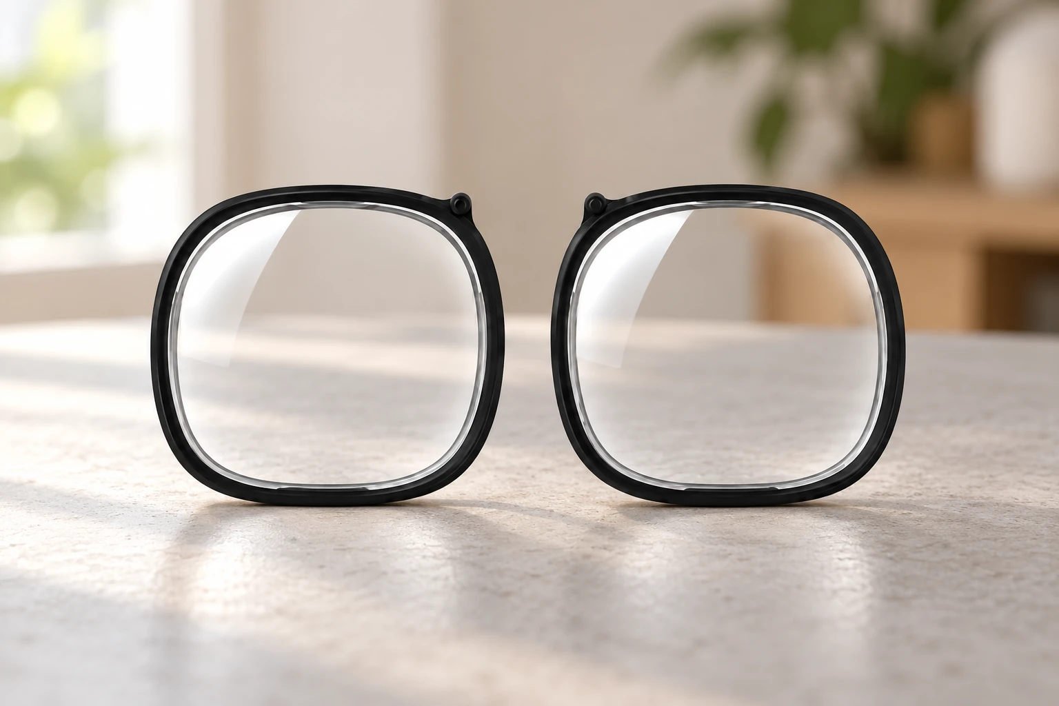 Pair of black-rimmed Fovevia lens inserts for Meta Quest 2 and Quest 3S on a stone tabletop