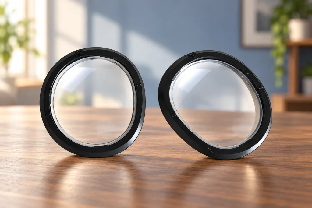 Pair of black-rimmed Fovevia lens inserts for Meta Quest 3 on a wooden tabletop