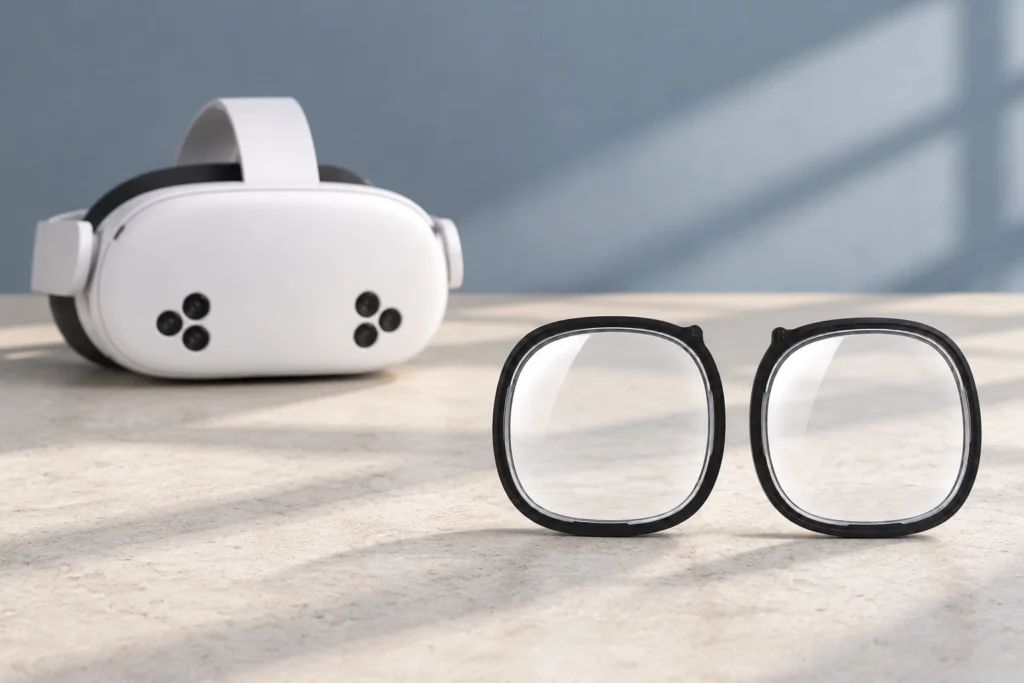 Meta Quest 3S headset beside left and right Fovevia prescription lens inserts