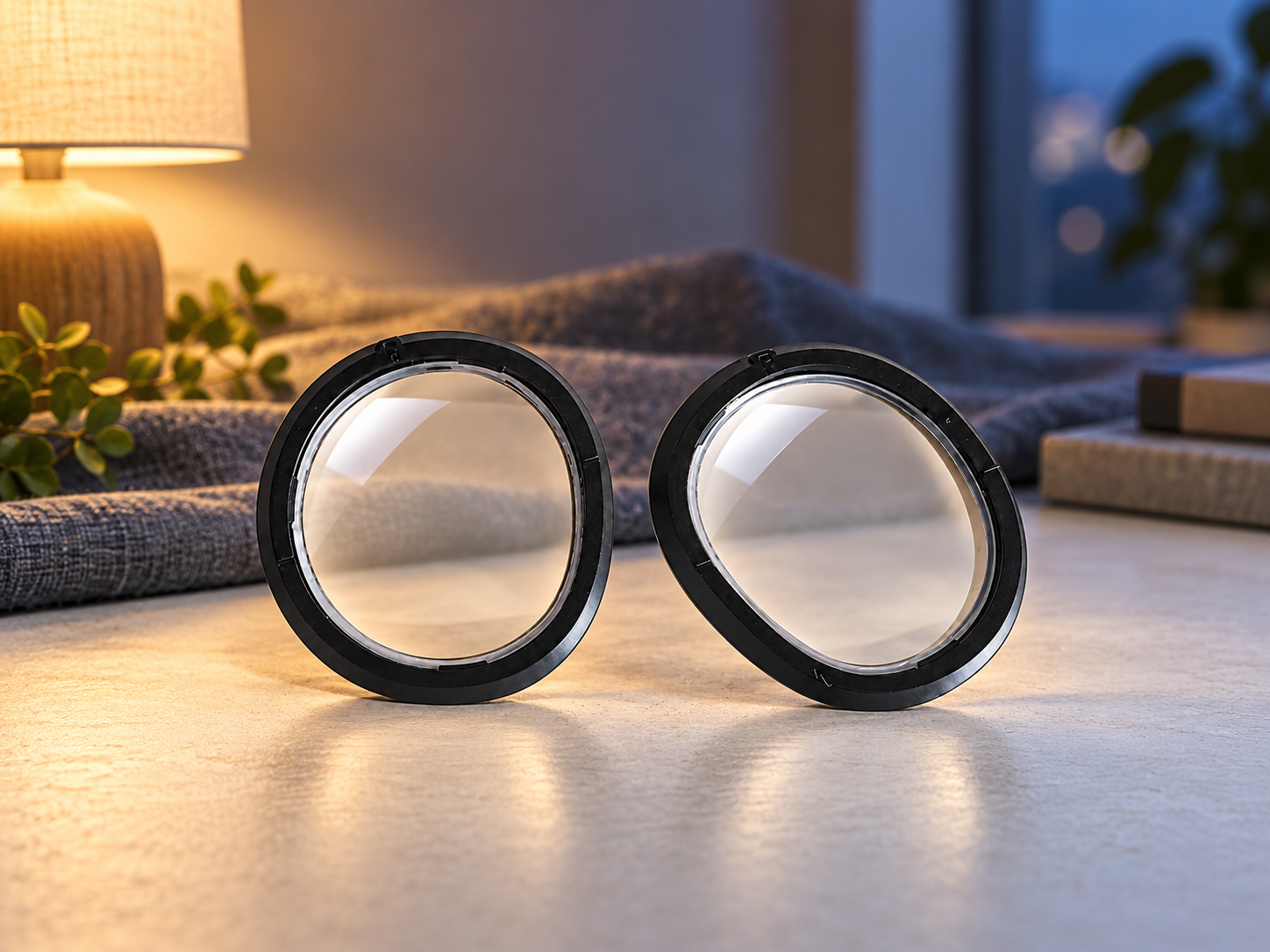 Two clear black-framed VR lens inserts on a desk lit with warm and cool background light.