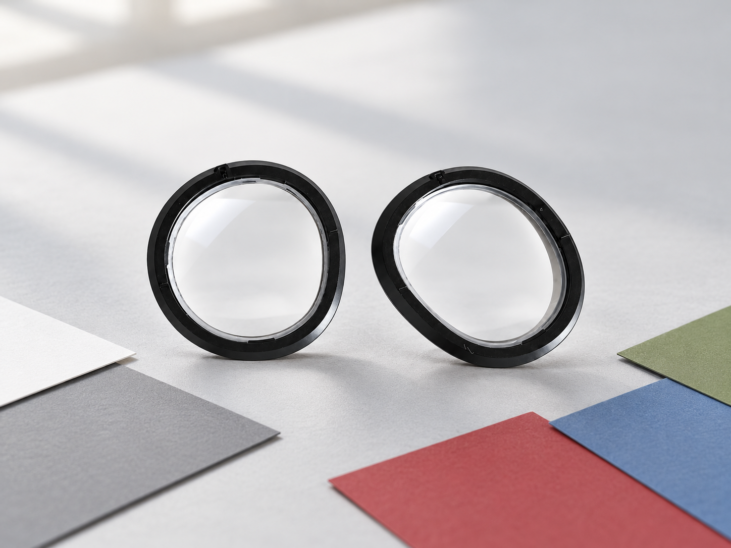 Clear VR lens inserts beside neutral and coloured paper samples on a desk.