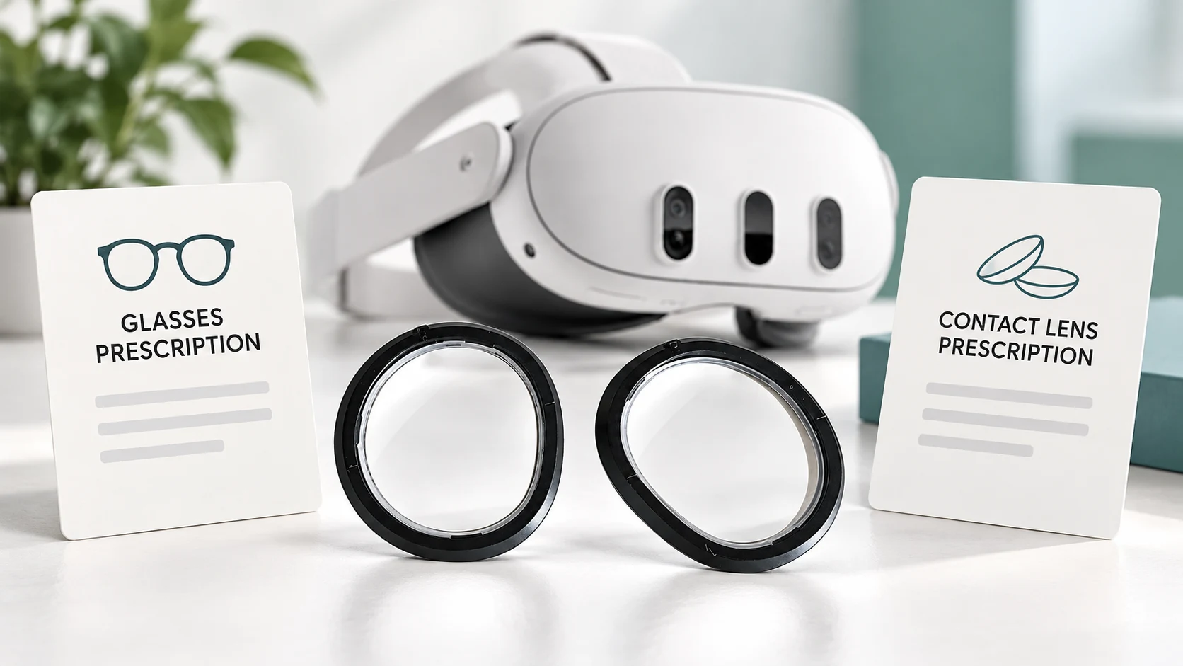 Illustrative composite of a Quest 3 headset and lens inserts beside glasses and contact lens prescription cards.